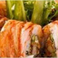 Groupie Roll · Spicy tuna, shrimp tempura, cream cheese, avocado and cucumber topped with crab stick, spicy...
