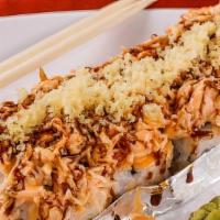 Volcano Roll · California roll topped with baked krabmeat, spicy mayo, eel sauce, crunchy flakes and fully ...