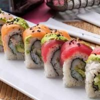 Rainbow Roll · California roll inside, red tuna, fresh salmon, yellowtail and avocado outside, topped with ...