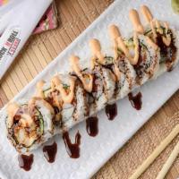 Spicy Shrimp Roll · Shrimp tempura, crab stick, cucumber, avocado inside, topped with spicy mayo and eel sauce.