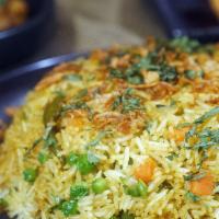 Veg Biryani · Gluten free. Vegetarian. Basmati rice, beans, carrot, peas, cauliflower, and spices.