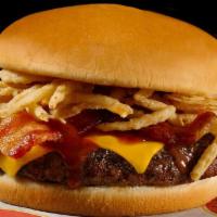 Cowboy · 1/2 lb. Fresh Ground Beef Burger with American Cheese, Bacon, Crispy Fried Onions, & BBQ Sauce