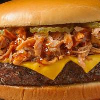 Bbq Burger · 1/2 lb. Fresh Ground Beef Burger with American Cheese, BBQ Pork, BBQ Sauce, & Pickles