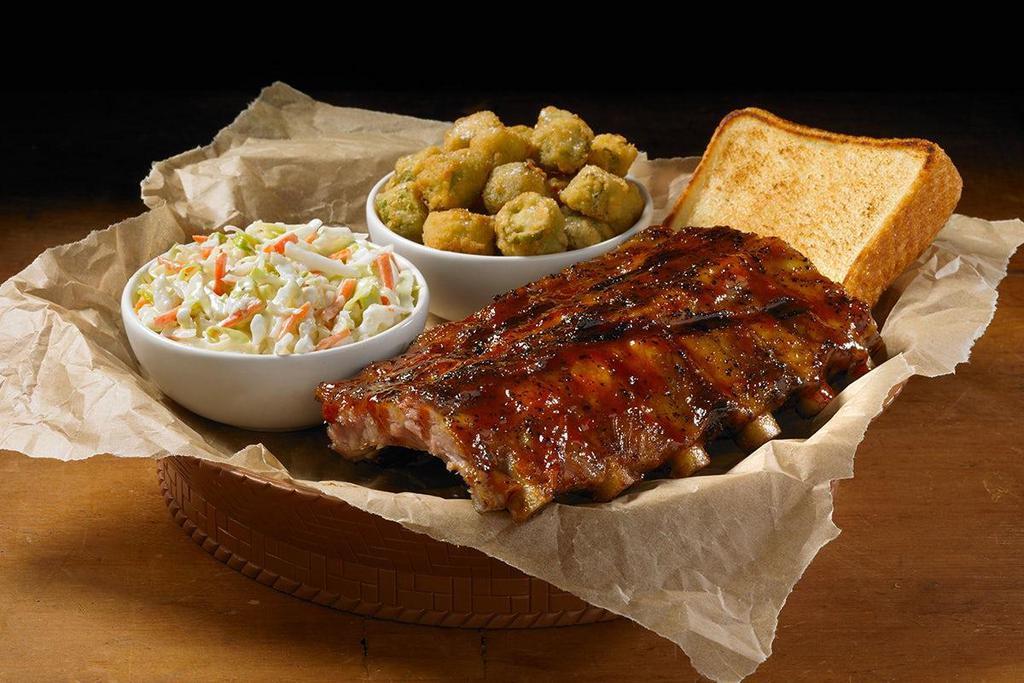 Half Rack Plate · Slow-smoked Baby Back Ribs, Served with 2 sides and Texas Toast