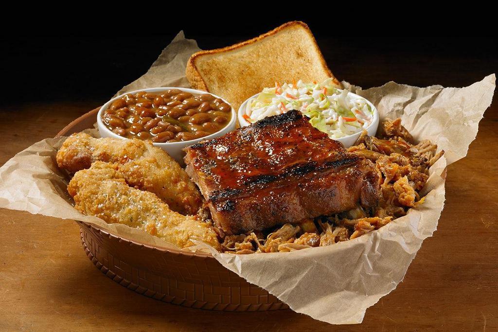 Shack Sampler Plate  · 3 Baby Back Ribs, 2 Tenders & 1/4 lb. of Chopped BBQ Pork or Chicken. Served with Two Sides and Texas Toast