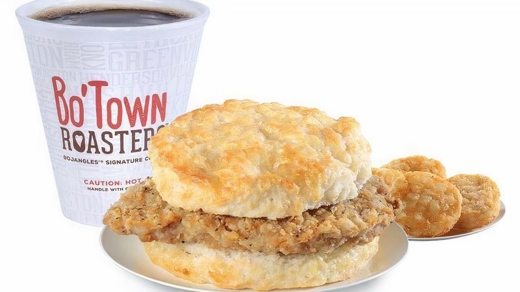 Steak Biscuit Combo · Tender country-fried steak on a made-from-scratch buttermilk biscuit, served with Bo-Tato Rounds®, coffee or medium drink.