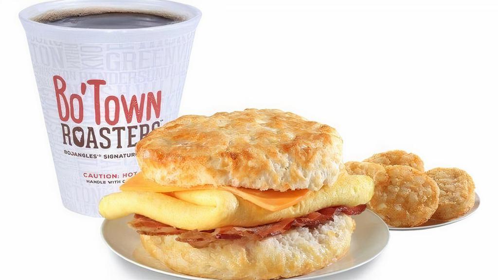 Bacon, Egg & Cheese Biscuit Combo · Eggs, hickory smoked bacon and American cheese on a made-from-scratch buttermilk biscuit, served with Bo-Tato Rounds®, coffee or medium drink..