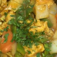 Chicken Chilli Masala · Boneless pieces of chicken cooked with green chilies, onions, green bell peppers and tomato ...
