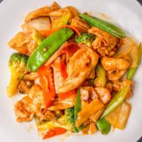 Chicken With Vegetables · White meat chicken, broccoli, mushroom, celery, zucchini, carrots and green pepper, stir-fri...