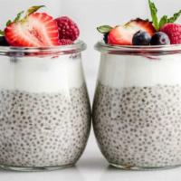 Vanilla Chia Pudding With Berries · Vanilla Chia pudding with almond milk, blueberry, raspberry and mint.