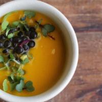 Carrot Soup Topped With Pistachio And Microgreens · Carrot Soup Topped with pistachios and Italian Microgreens.