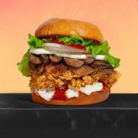 Shrooms & Chicken Sandwich · Sautéed onions, mushrooms, mozzarella cheese, fried chicken breasts, lettuce, tomato, red on...