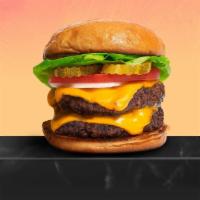 Double Cheddar Better Burger · Two beef patties, lettuce, tomato, onion, mayo, and melted cheddar cheese on a warm classic ...