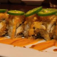 Lonely Christmas · Tempura Lobster with cucumber & cream cheese, topped with jalapeno, crab meat, eel sauce & s...