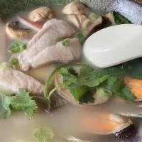 Seafood Ramen Noodle Soup · Tempura shrimp, scallop, tilapia, mussel, krab, egg, bok choy, shiitaki mushroom & scallions.