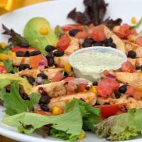 Baja Salad · Marinated grilled chicken on a bed of spring mix, black bean salsa, corn, fresh lime pico de...