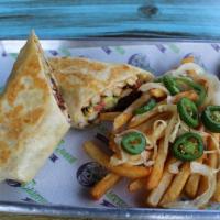 West Coast Burrito · Grilled chicken, fries, queso dip, fresh lime pico de gallo, guacamole, and sour cream. Serv...