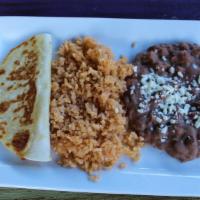 Kids' Quesadilla · Cheese quesadilla, rice, and refried beans.