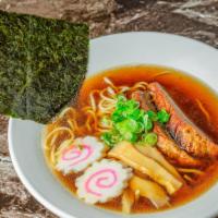 Shoyu Ramen · Noodle, seaweed, scallion, naruto and pork in a soy broth.