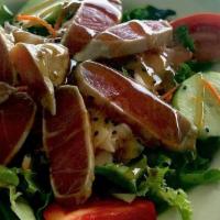 Tuna Salad Plate · Romaine, tomatoes, cucumbers, shredded carrots and fresh apple.