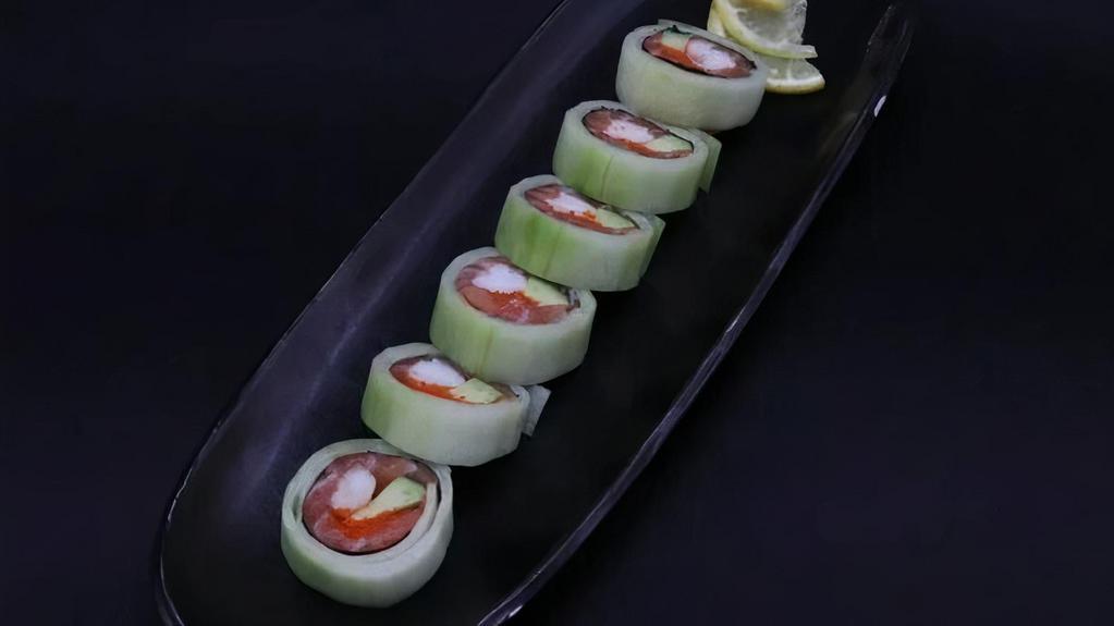 Cucumber Wrap · Crab meat, salmon, avocado, nori, masago and vinaigrette wrapped in a cool cucumber wrap.