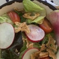 Ponzu Salad · Mix greens, cherry tomato, pink lady radish, ponzu vinaigrette. (vegetarian).