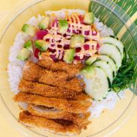 Land & Sea · tuna, your choice of crispy katsu chicken or grilled teriyaki chicken, avocado, cucumber, wa...