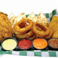 Combo Appetizers · Three crispy hand-breaded chicken tenders, three mozzarella planks, beer-battered onion ring...