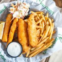 Fish 'N' Chips · ☘️4 delicious beer-battered cod fillets fried golden brown and served with tartar sauce, fre...