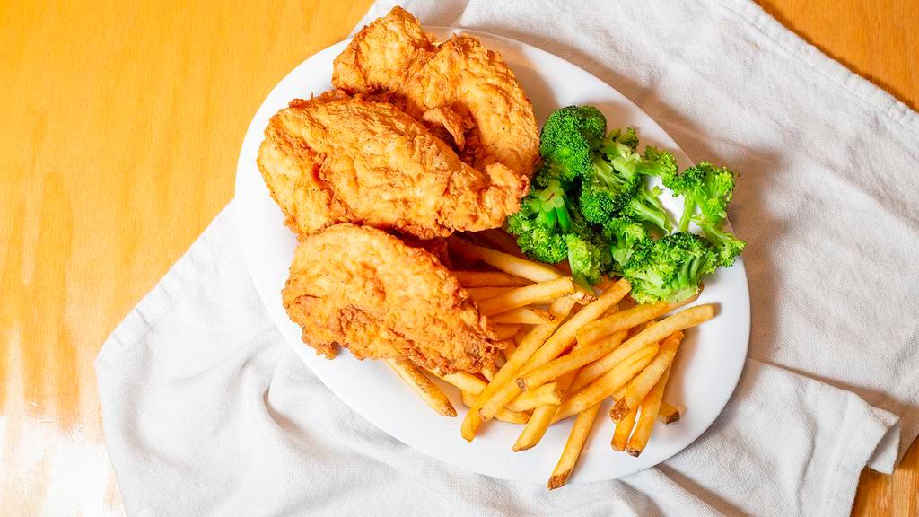 Chicken Tenders Basket · Four crispy chicken tenders, hand breaded and fried to perfection. Served with fries, creamy coleslaw, and choice of sauce.