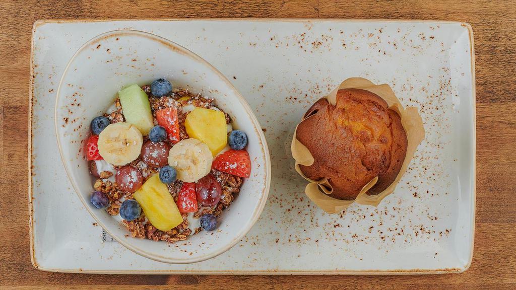 Sunrise Granola Bowl · Non-fat vanilla Greek yogurt layered with fresh, seasonal fruit and our housemade granola with almonds. Served with a fresh baked muffin of the day..