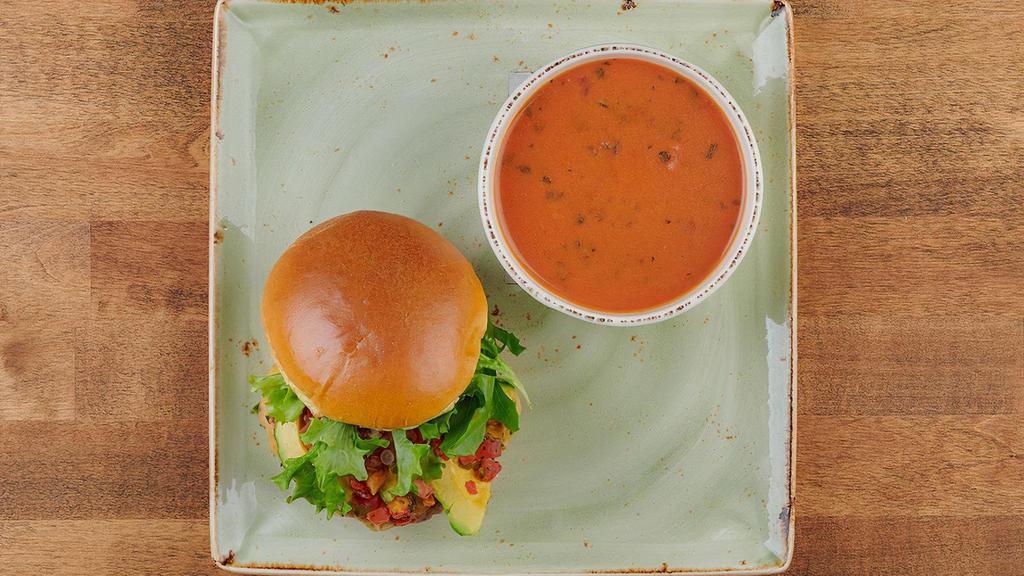 Baja Turkey Burger · A lean white-meat turkey patty with avocado, organic mixed greens, housemade pico de gallo, mayo and Horseradish Havarti on a brioche bun. Served with lemon-dressed organic mixed greens or a bowl of tomato basil soup.