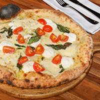 Bianca · Fresh mozzarella(fior di latte), ricotta, bufala, pecorino, romano cheese, cherry tomatoes, ...