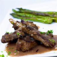 Grilled Lamb Chops · With Cabernet wine sauce, home-style mashed potatoes and grilled asparagus.
