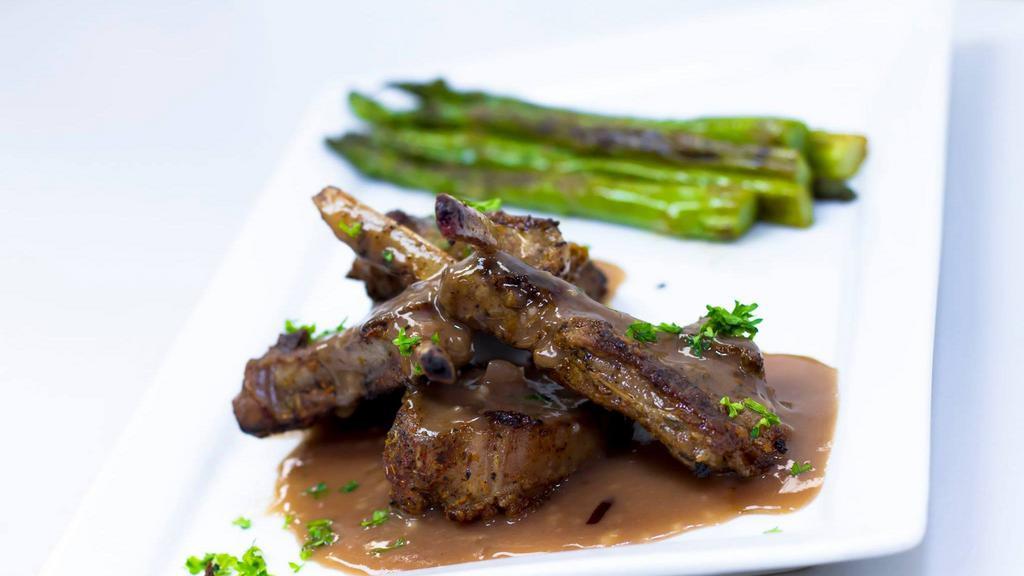 Grilled Lamb Chops · With Cabernet wine sauce, home-style mashed potatoes and grilled asparagus.