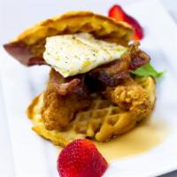 Chicken & Waffles · Topped with 2 strips of bacon and one egg.