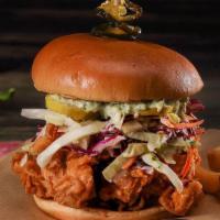 Kickin' Chicken Sandwich · Candied jalepeno mayo, crisp slaw and pickles, brioche bun