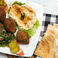 Kebbe Platter · Three kebabs  served with hummus, tabbouleh, tahini or tzatziki sauce and one pita bread. Ad...