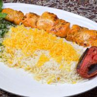 Chicken Kabob · Marinated and charbroiled cubes of chicken tender.