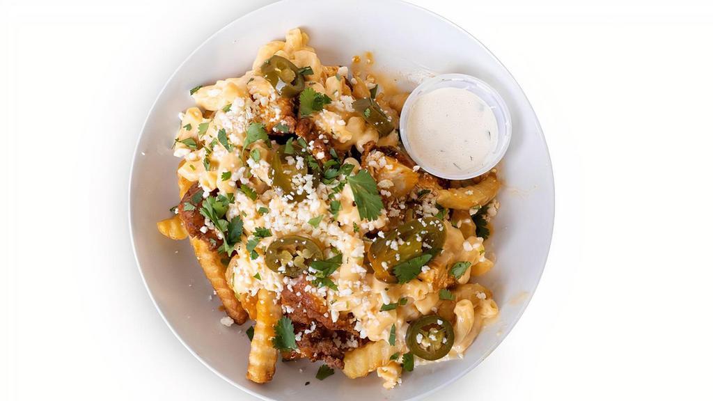 Buffalo Mac Attack · French Fries and your choice of protein tossed in a homemade buffalo sauce, mac & cheese, jalapeños, queso fresco and cilantro. Side of ranch or blue cheese.