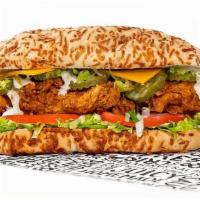 Let'S Ranch Sub · 2 crispy tenders, cheddar cheese, ranch, dill pickles, lettuce & tomato on an asiago cheese ...