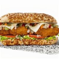 The Spicy Sub · 2 spicy tenders, pepper jack cheese, PDQ sauce, giardiniera, lettuce & tomato on an asiago c...