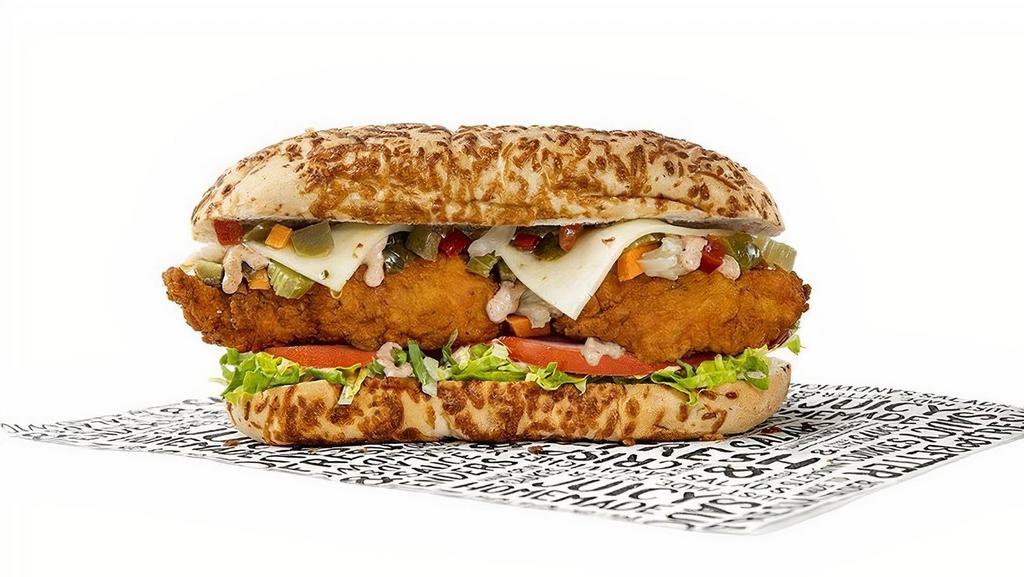 The Spicy Sub · 2 spicy tenders, pepper jack cheese, PDQ sauce, giardiniera, lettuce & tomato on an asiago cheese roll.