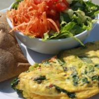 Veggie Omelet · Omelet prepared With Spinach, Mushroom, Onions, Mixed Peppers & Broccoli.