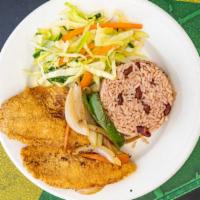 King Fish · Served with either rice and peas or white rice and steamed vegetables.