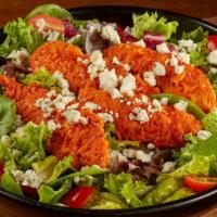 Buffalo Salad · Buffalo tenders, mixed greens, blue cheese crumbles, shredded carrots, grape tomatoes, and h...