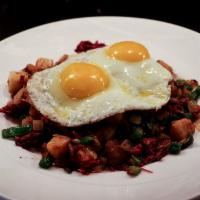 Corned Beef Hash & Eggs · Staff faves. House made corned beef, seasoned potatoes, green pepper and onion. Two eggs any...