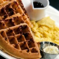 Bacon Waffle · Waffle loaded with bacon bits. Served with two eggs any style.
