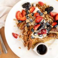 Very Berry French Toast · Challah french toast, house made Greek yogurt, almond granola, fresh berries. Drizzled with ...