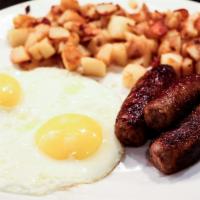 Protein & Eggs · Any style with your choice of hickory smoked bacon, sausage links, low-fat turkey sausage, C...